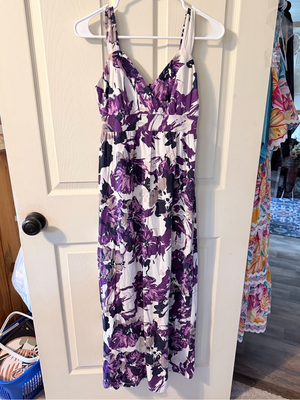 Ann Taylor White Maxi Dress with Purple Floral Print